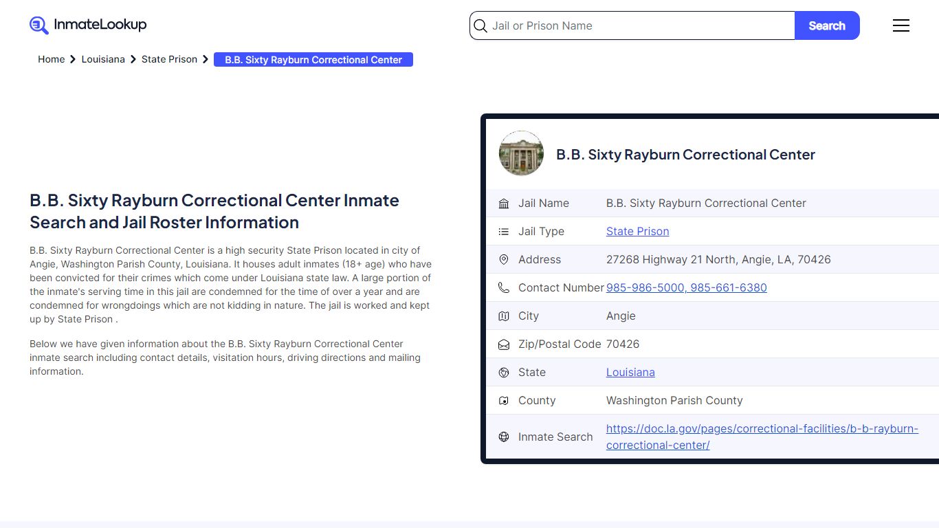 B.B. Sixty Rayburn Correctional Center Inmate Search, Jail Roster ...